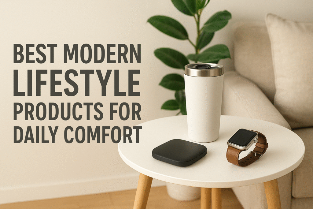 Modern lifestyle comfort products including a white reusable travel mug, wireless charging pad, and smartwatch placed on a minimalist table in a cozy living room