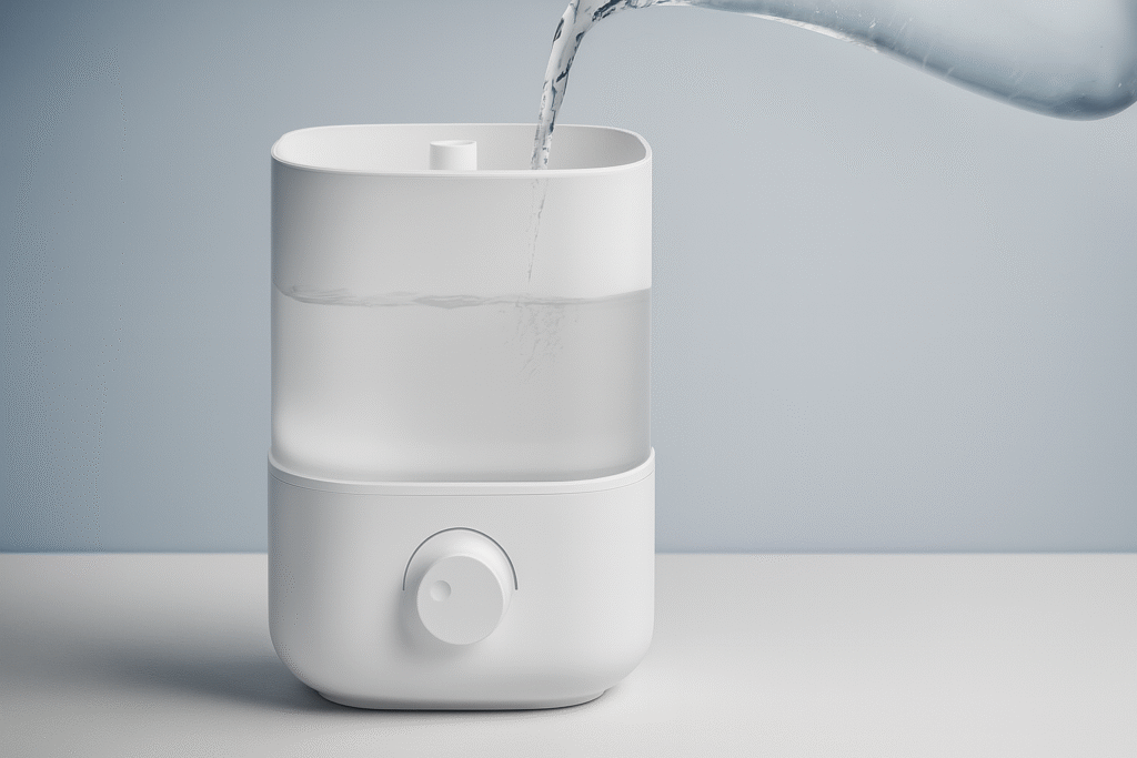 Ultra-modern Levoit cool mist humidifier placed on a clean gradient background, showing a minimalistic and professional design for blog feature image
