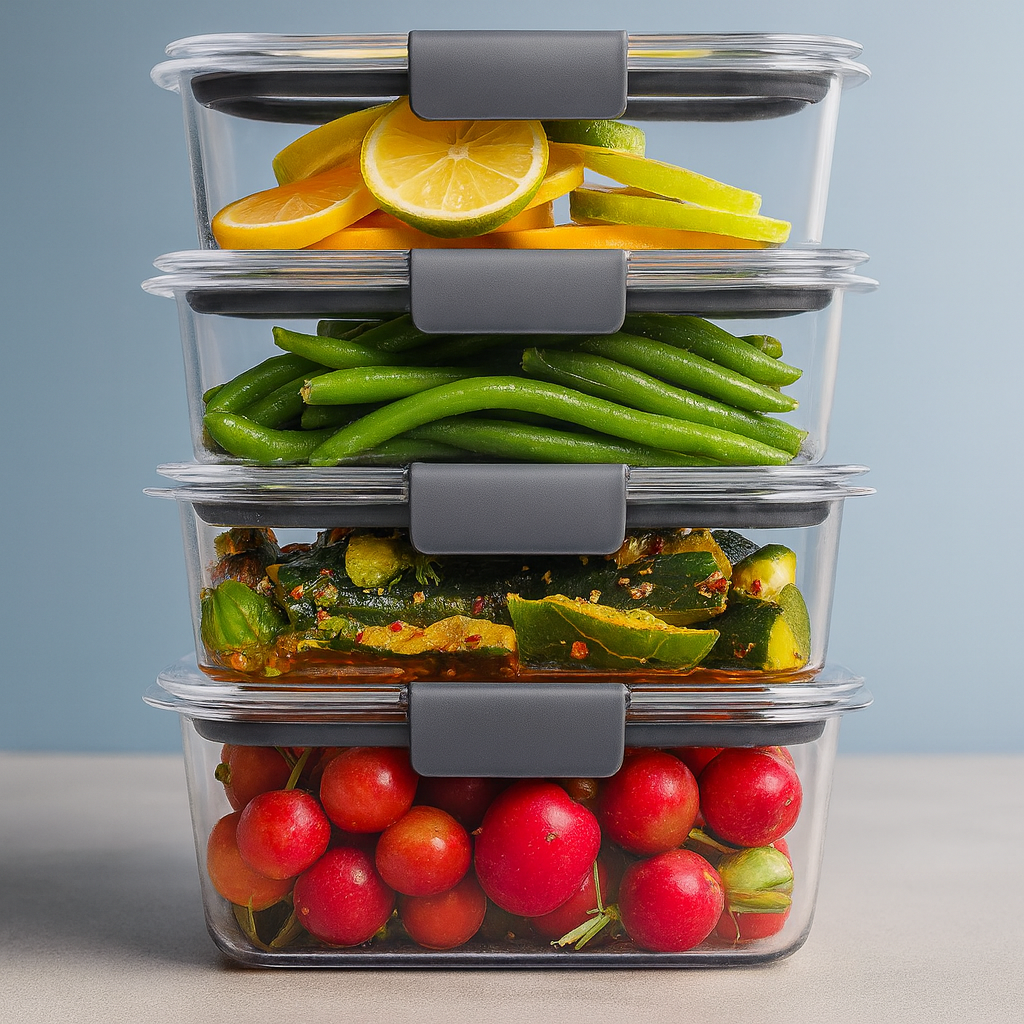 Stack of EcoSmart airtight BPA-free food storage containers featuring a clear, durable design with secure snap-lock lids for organized kitchen storage