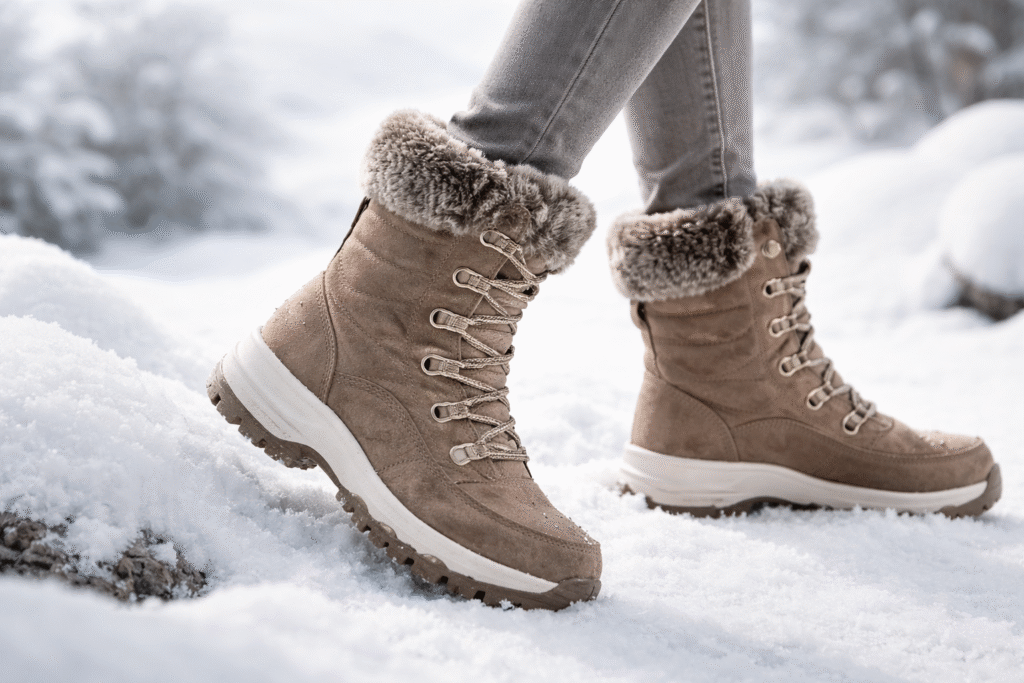 Snow boots designed for winter wear, featuring insulated material, non-slip sole, and a clean professional product photoshoot style