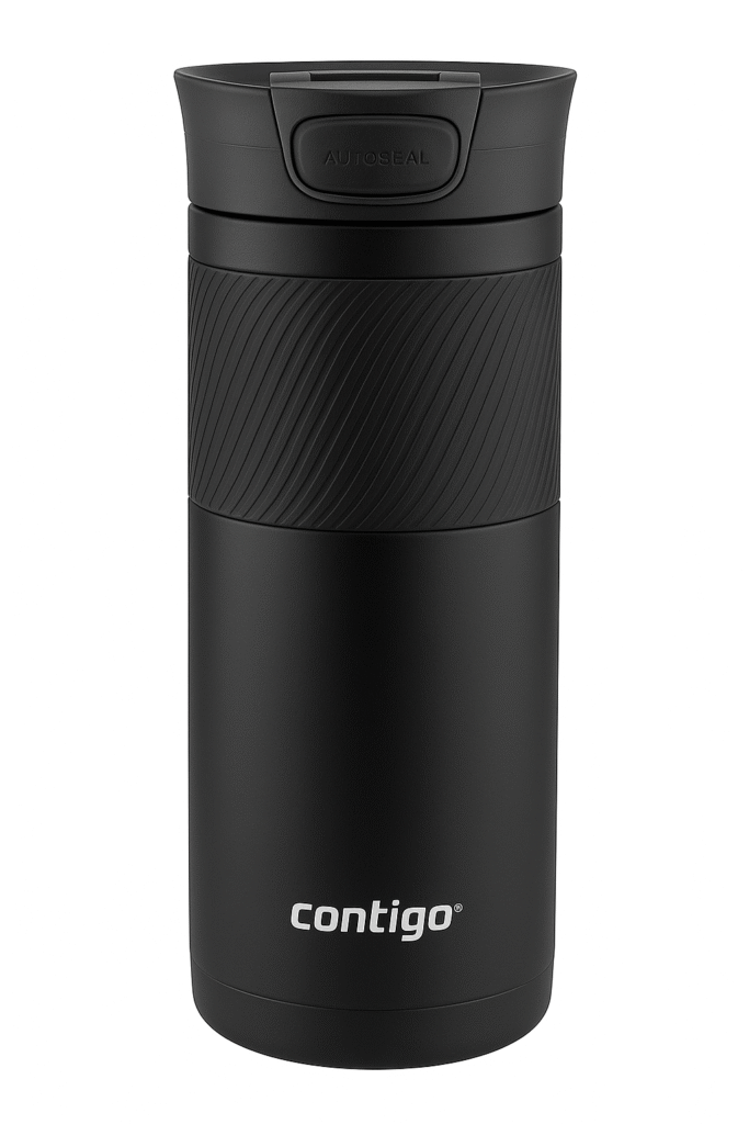 Contigo Byron 16oz vacuum-insulated stainless steel travel mug in licorice black, featuring a leak-proof SNAPSEAL lid, BPA-free construction, and double-wall insulation designed to keep drinks hot for 6 hours or cold for 12 hours