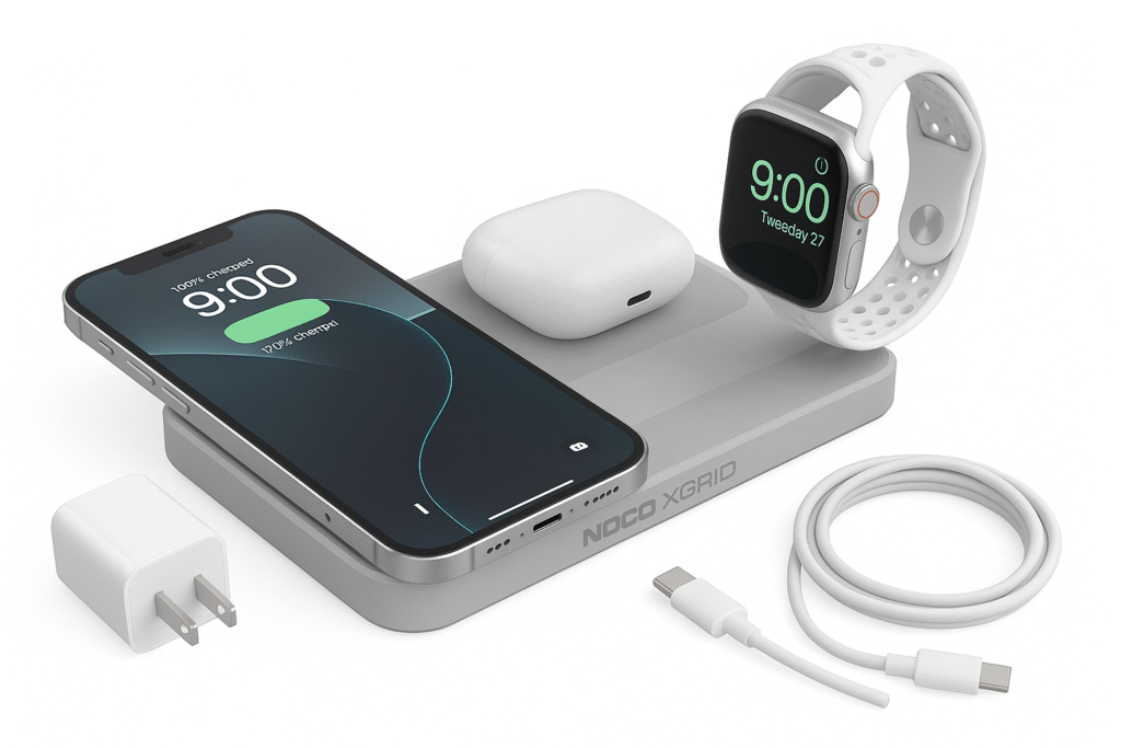 A high-resolution studio image of a modern smart thermostat mounted on a clean white wall, featuring a bright digital temperature display and minimalistic home interior elements in the background