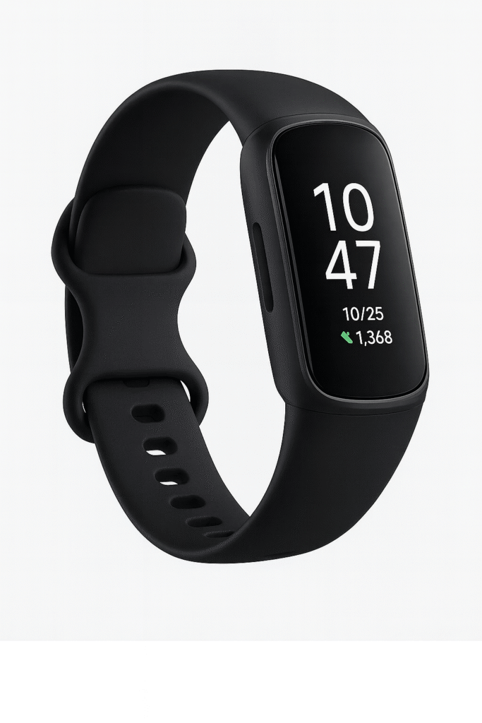 Fitbit Inspire 3 fitness tracker in Midnight Zen/Black, showing heart rate, activity, sleep, and stress tracking features on a slim touchscreen band