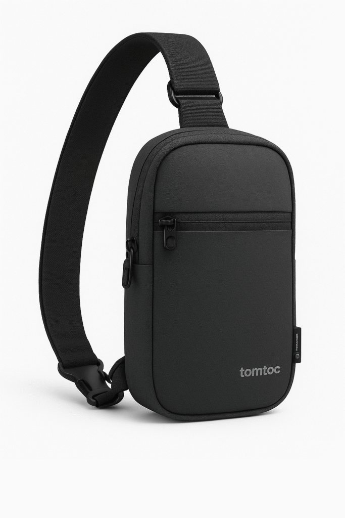 Tomtoc compact minimalist EDC sling bag in black, featuring a slim crossbody design, front zipper pocket, and adjustable shoulder strap on a clean white background