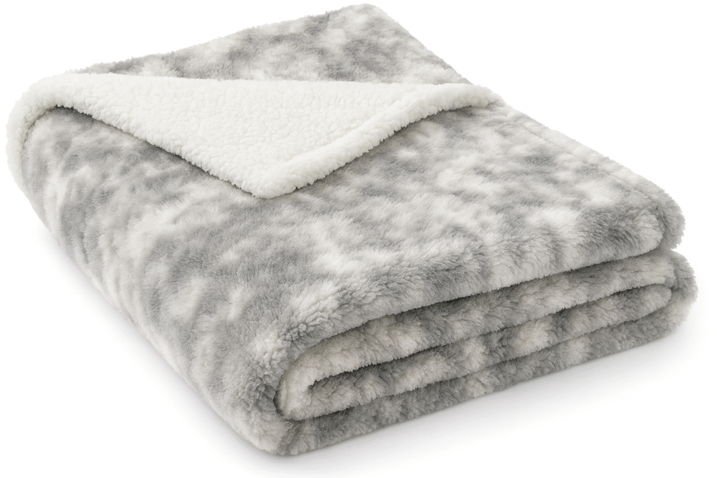 Bedsure tie-dye grey faux fur throw blanket, folded neatly to show its fluffy sherpa lining and soft, cozy texture, displayed on a white background
