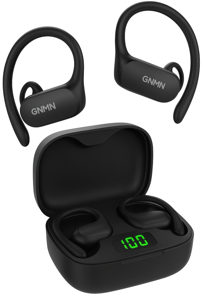 A pair of black GNMN wireless earbuds with earhooks, shown with an LED battery display on the charging case; sporty, waterproof design suitable for workouts and long playback