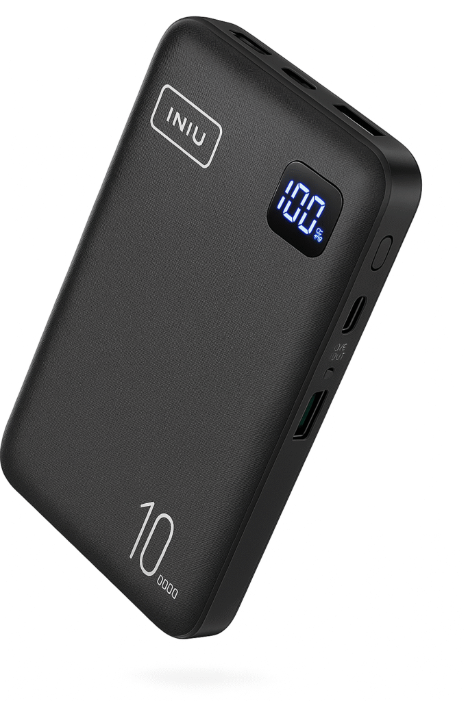 Slim INIU 10000mAh portable charger in black with digital battery display, featuring USB-C and USB-A ports, shown with charging cable
