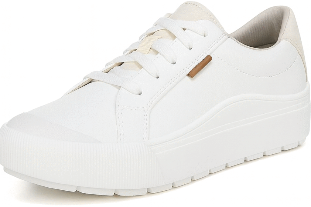 White platform sneaker with a smooth synthetic upper, textured rubber sole, and beige heel detail, photographed on a clean white background