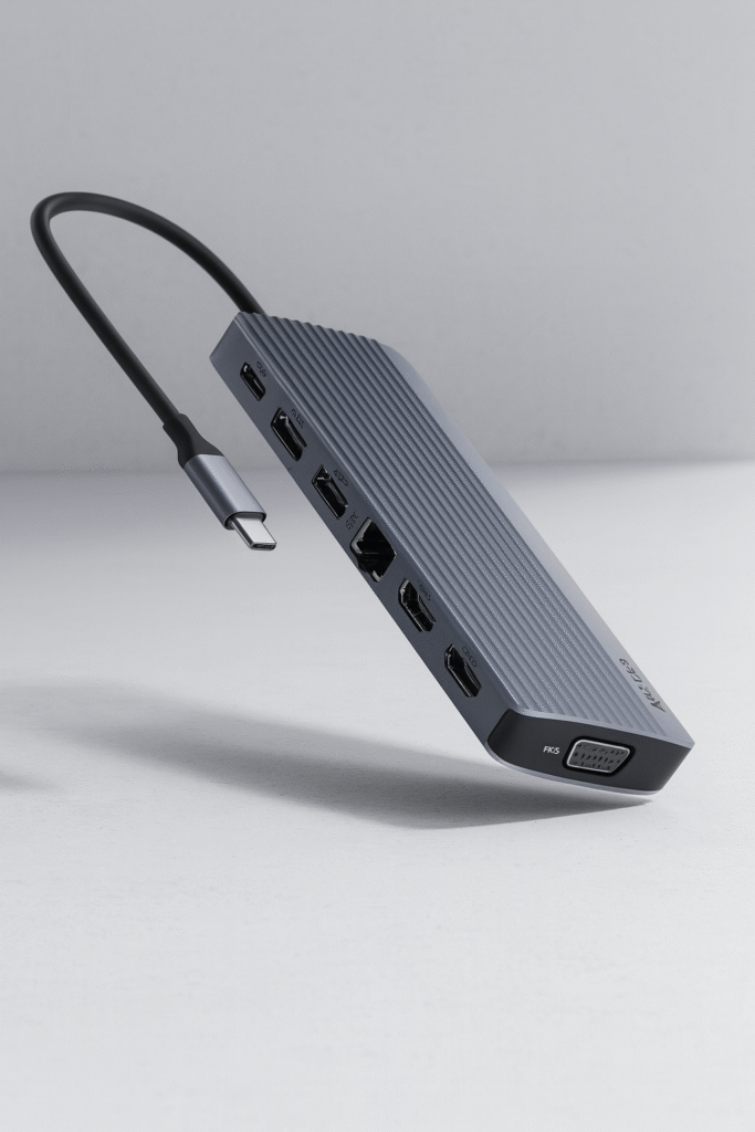 A premium Anker USB-C multiport hub displayed in a professional studio-style photoshoot setting, featuring multiple ports including HDMI, USB, Ethernet, and VGA, captured with soft lighting on a clean background