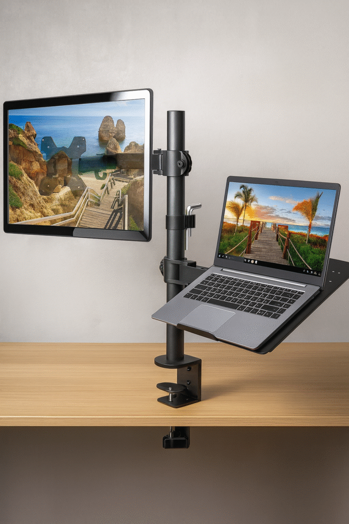 A dual monitor and laptop desk mount stand securely clamped to a wooden desk, featuring a laptop tray and adjustable monitor arm, displayed in a clean studio-style background