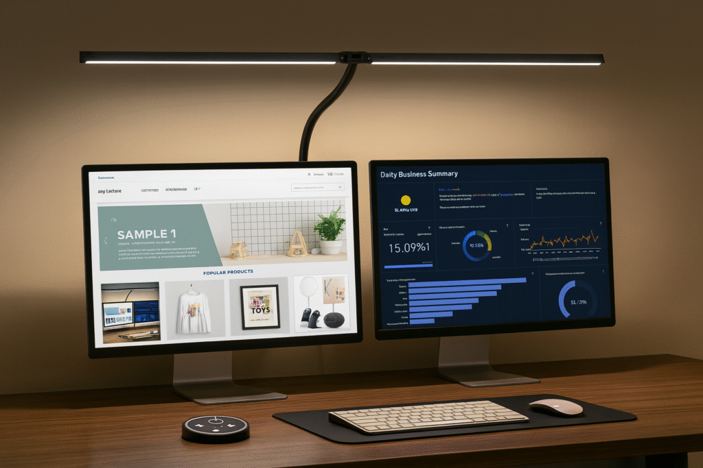 Modern dual-monitor desk setup illuminated by an adjustable LED architect lamp with a clamp, featuring a sleek wooden desk, wireless keyboard, mouse, and control dial, styled in a clean photoshoot background