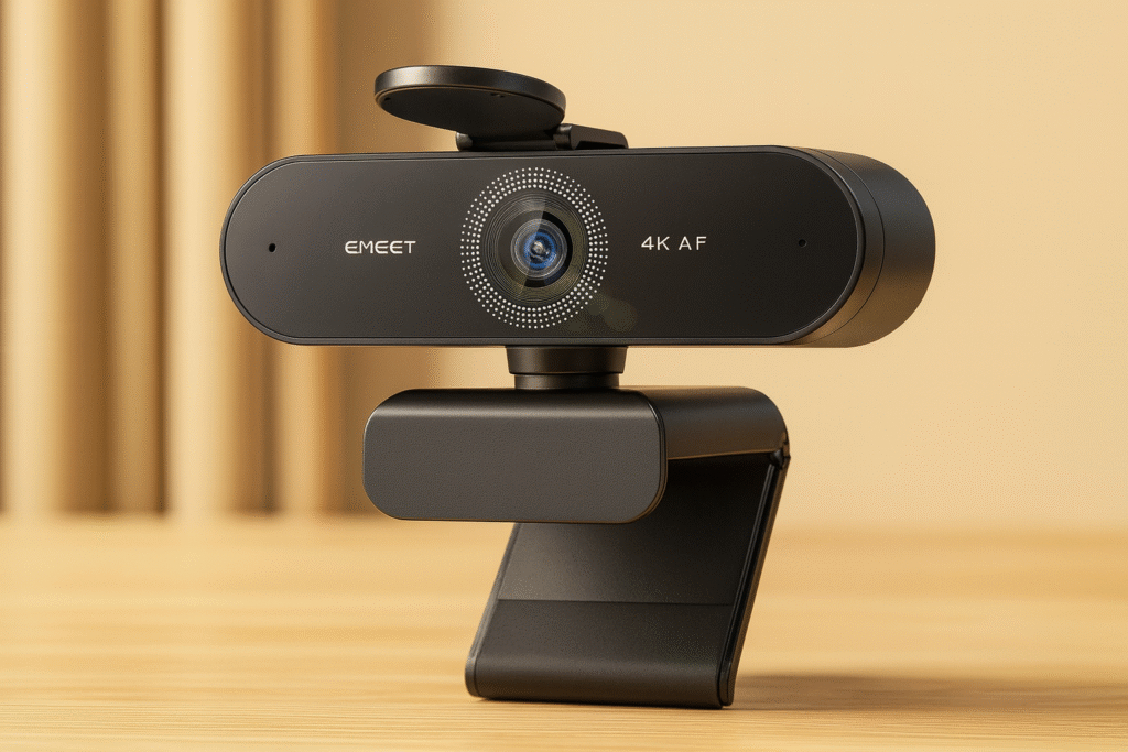 High-resolution photoshoot-style image of the eMeet 4K AF webcam featuring a sleek black design, privacy cover, autofocus lens, and adjustable mount, placed on a wooden desk with a warm beige studio background