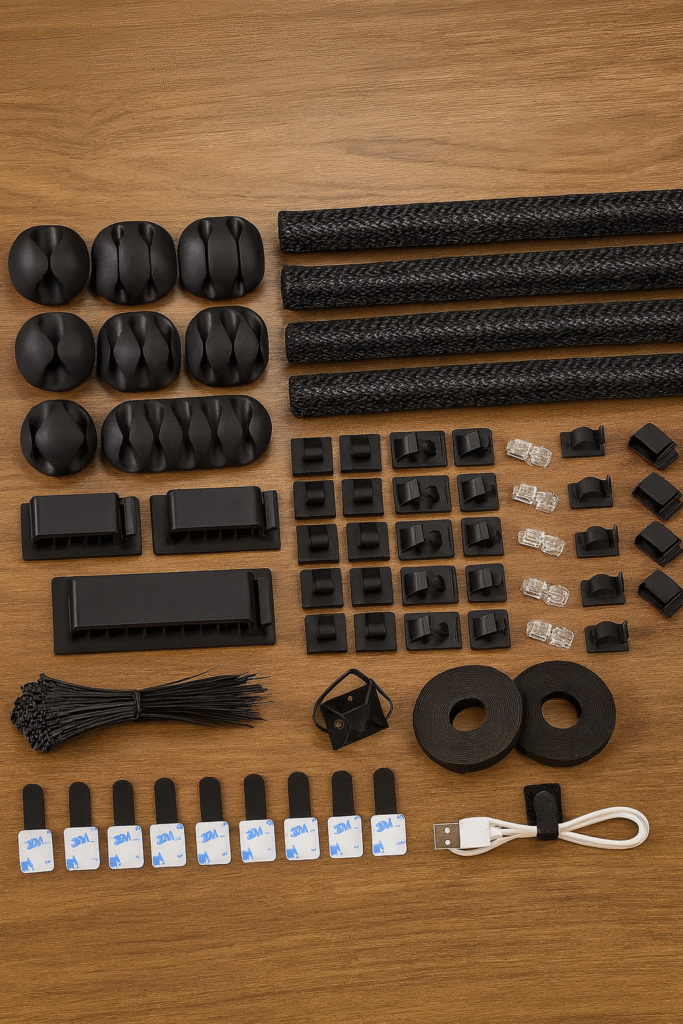 A neatly arranged cable management kit displayed on a wooden surface, featuring cable clips, wire sleeves, adhesive holders, zip ties, Velcro straps, and related organizing accessories