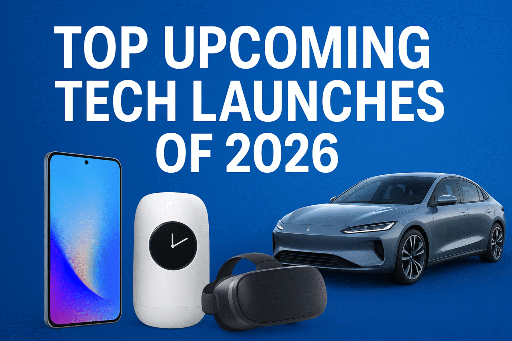 A futuristic feature image showing upcoming 2026 technology including a modern smartphone, a smart home gadget, a VR headset, and an electric car, with the headline “Top Upcoming Tech Launches of 2026” on a blue background