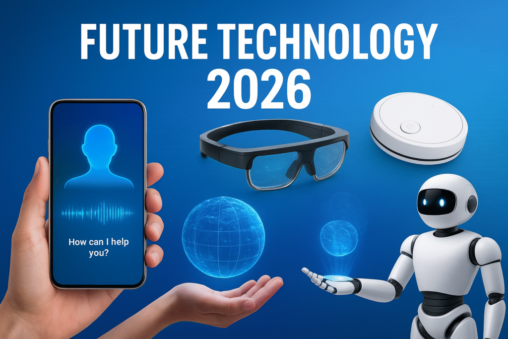 Future technology 2026 concept image showing AI smartphone, smart glasses, home robot, hologram and next-gen innovative devices
