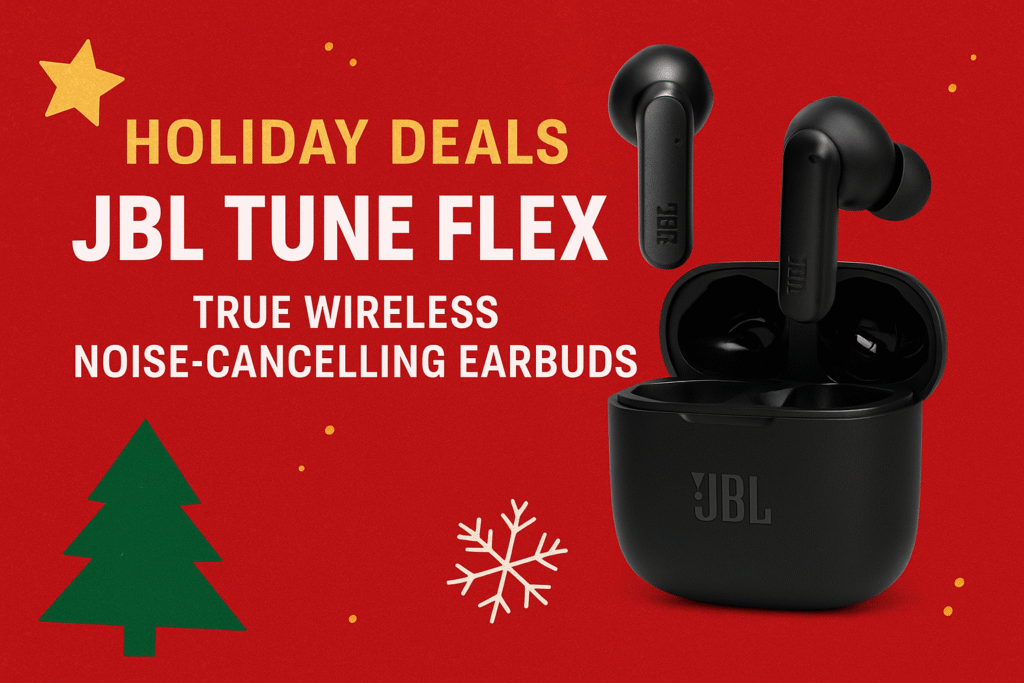 True Wireless Noise-Cancelling Earbuds displayed in a clean, modern professional setup, highlighting their sleek design and premium audio features