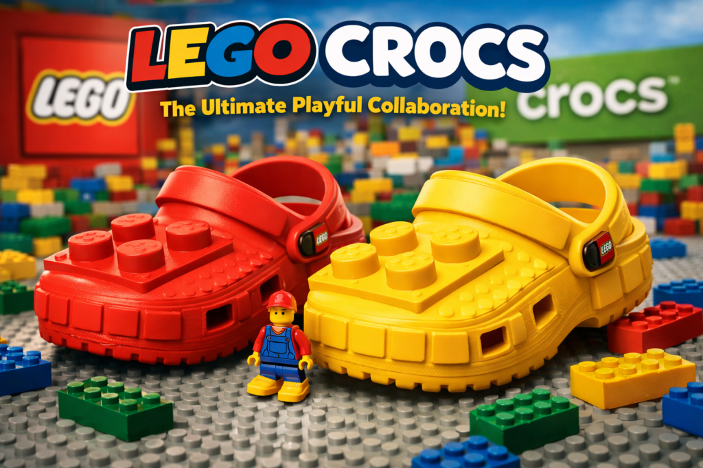 LEGO Crocs Brick Clog collaboration featuring colorful LEGO-inspired Crocs shoes with brick design and LEGO minifigure