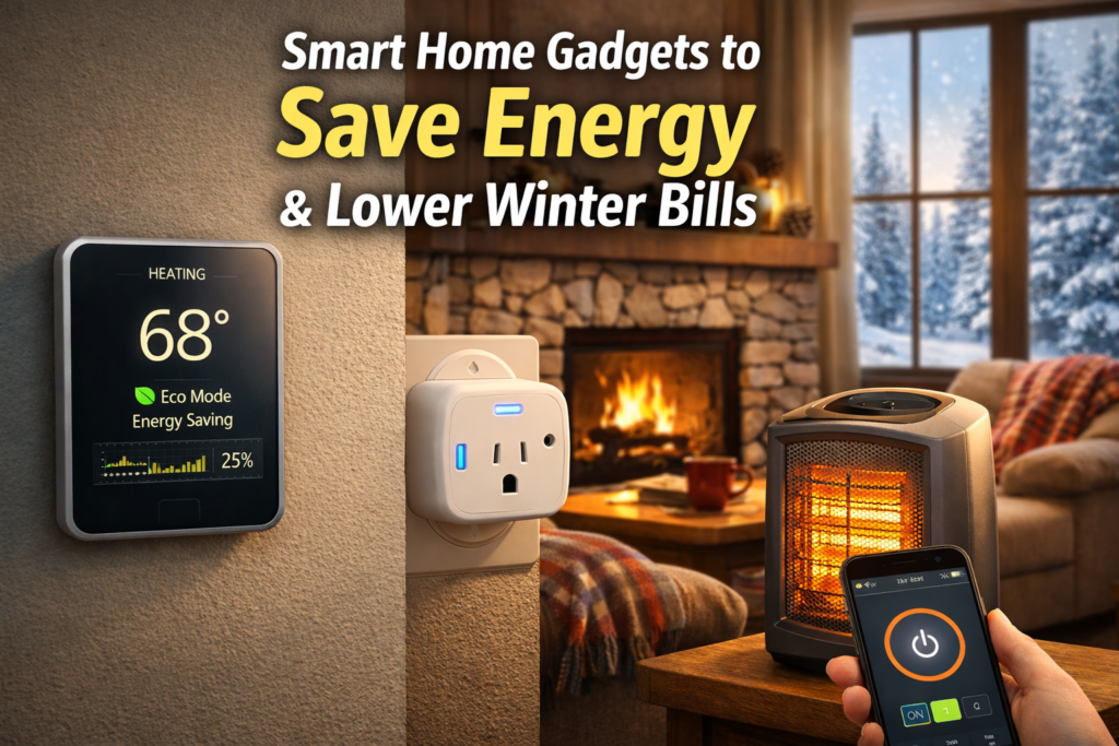 Smart home gadgets to save energy used in an American winter living room to reduce heating and electricity bills