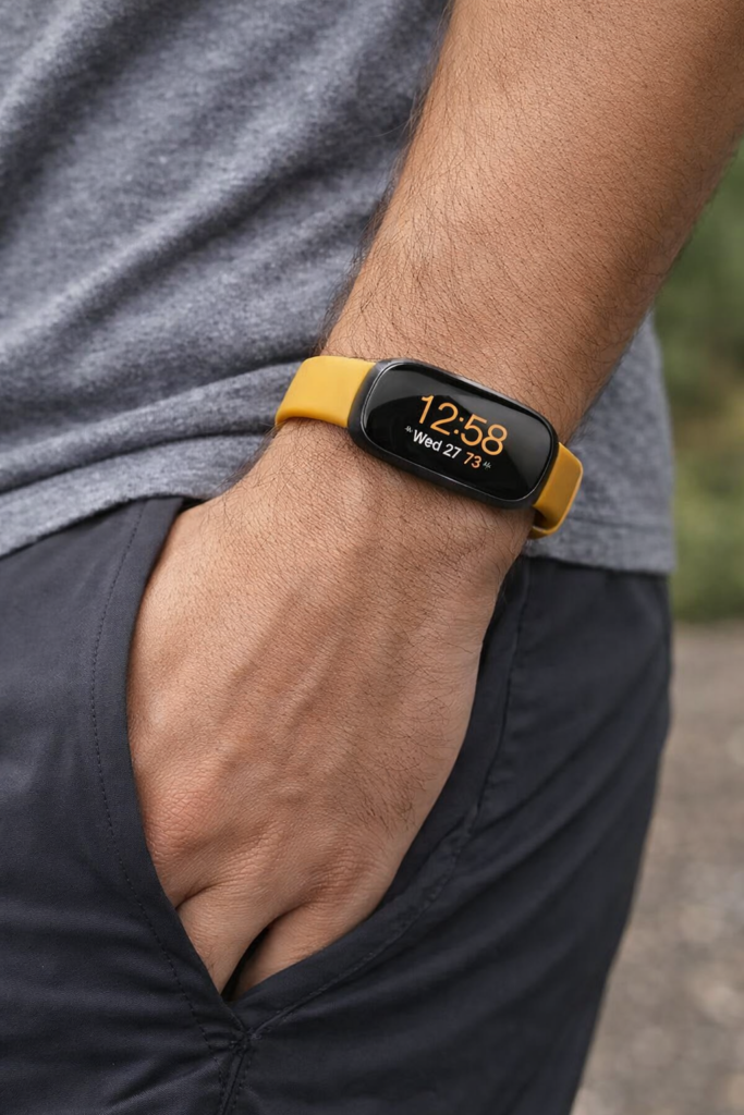 Man wearing a budget fitness tracker on wrist during outdoor activity