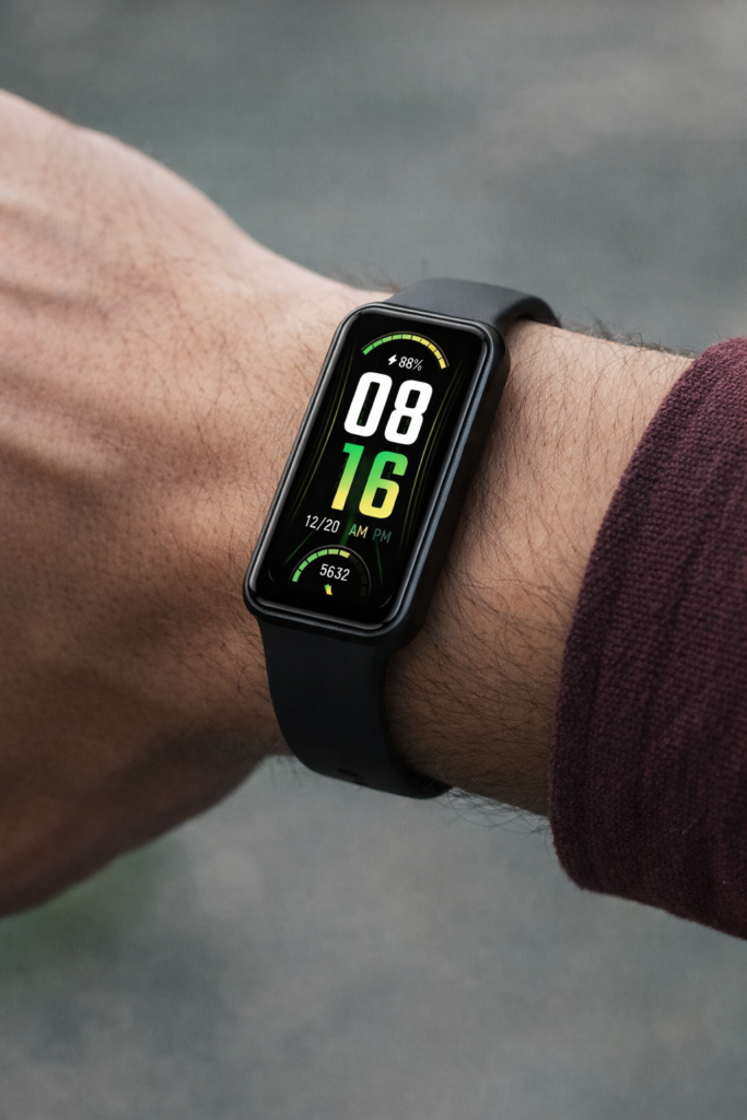 Black fitness smartwatch on a man's wrist showing time, battery level and step count