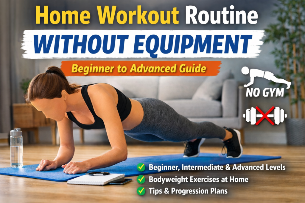 Faceless person doing plank exercise on a blue mat in a bright living room, illustrating a home workout routine without equipment from beginner to advanced levels.