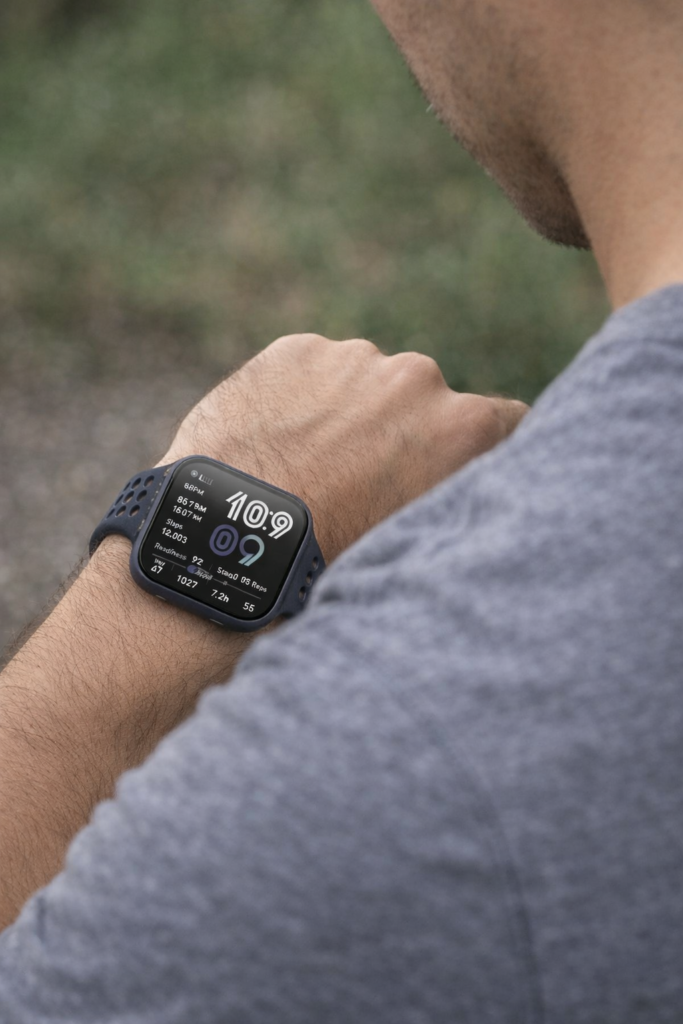 Man looking at a budget fitness tracker on his wrist without showing face