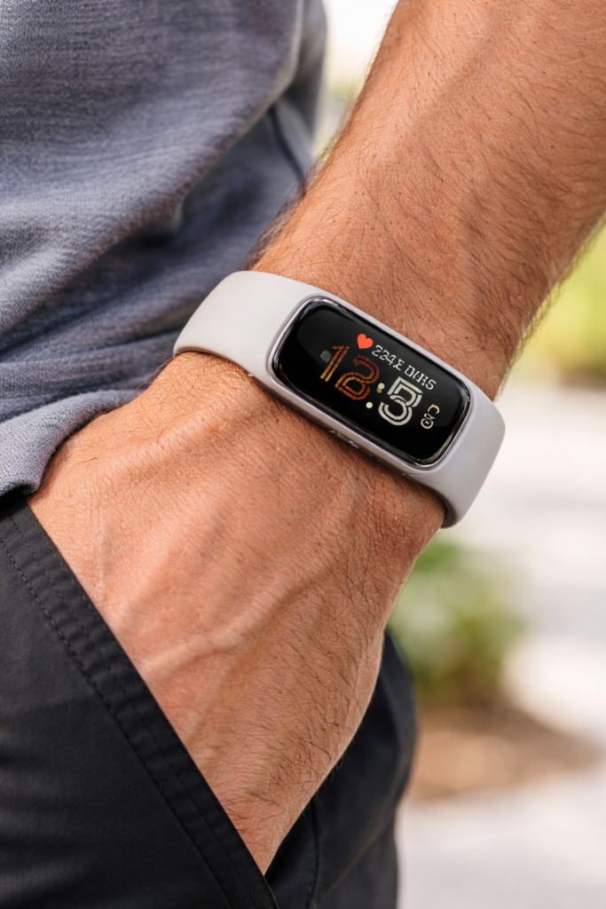 Close-up of a man’s wrist wearing a beige fitness tracker smartwatch displaying time, heart rate, and step count outdoors with blurred background.